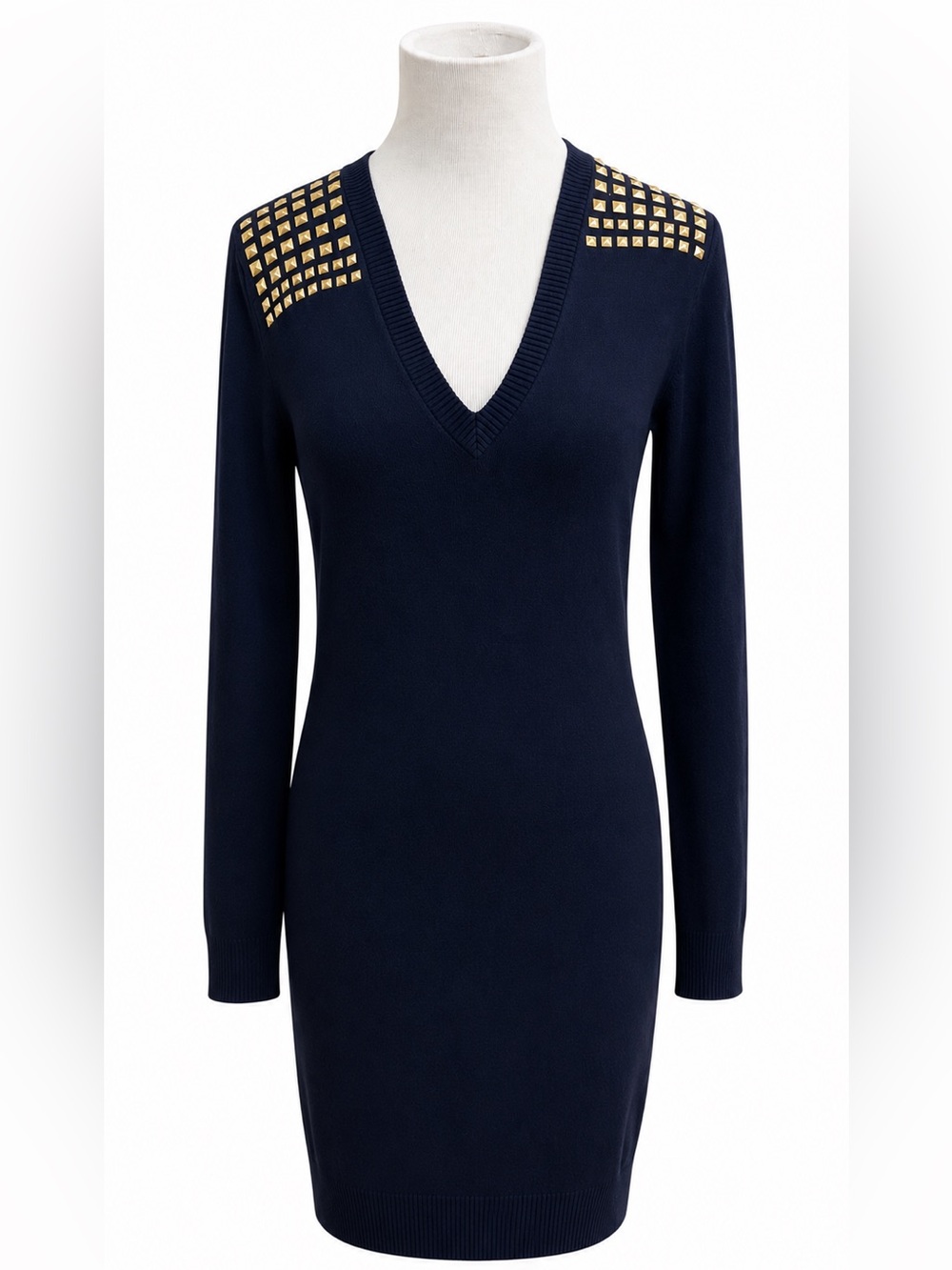 Michael Kors Navy V-Neck Sweater Dress with Gold Stud Accents